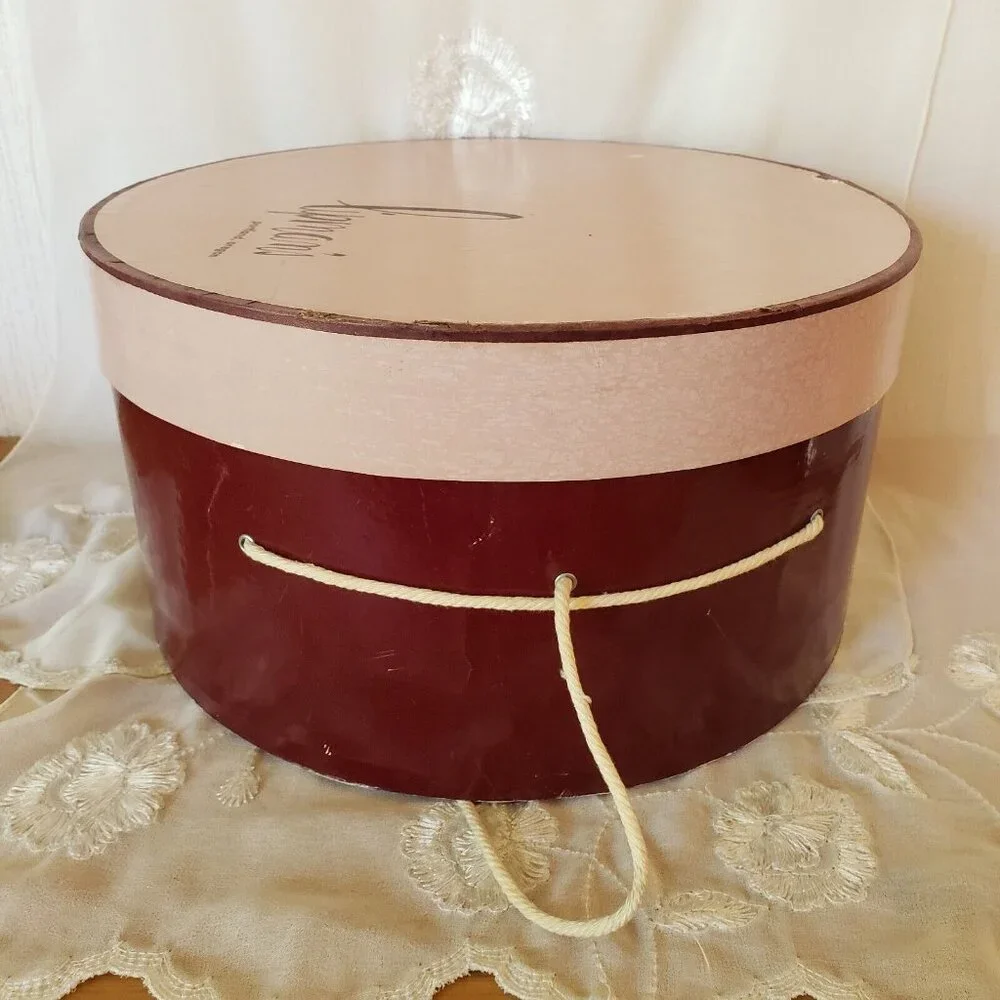 Vintage Hat Box Lipman's of Portland Large Round Pink Burgundy Cord Handle 50s